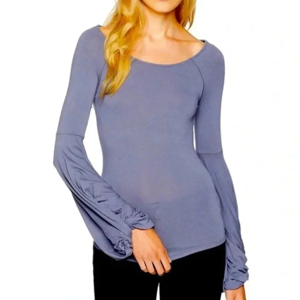 Free People To The Tropics Top Blouse Long Sleeve Tee Shirt Blue New Size Small - Picture 11 of 11